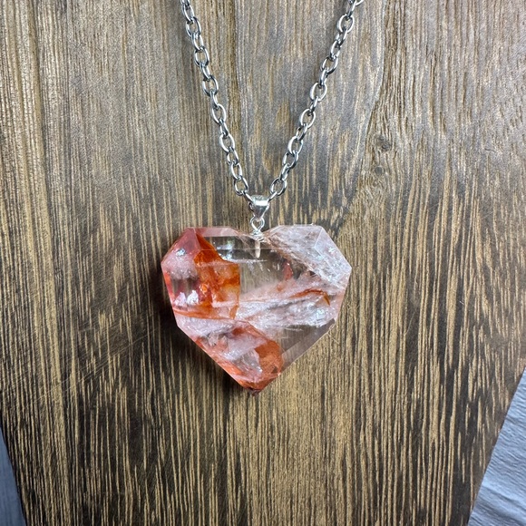 Fire Quartz Heart Necklace Pendant on Chain - Picture 8 of 11